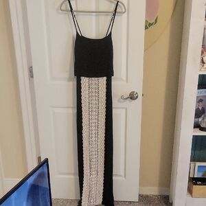 Chic Black Maxi Dress with Cream Lace Panel down front